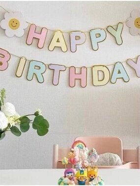 Pastel Happy Birthday Banner with Daisy Flowers, Kids Birthday Garland Decor